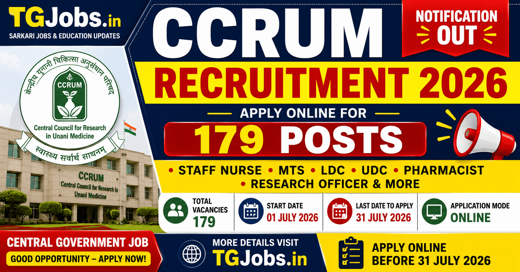 CCRUM Recruitment 2026 Notification Apply Online for 179 Staff Nurse MTS and More Posts